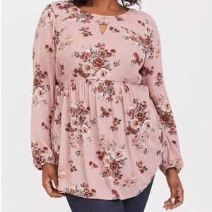 Torrid Grey Floral Babydoll Gauze Keyhole Front Tunic Top Size 2